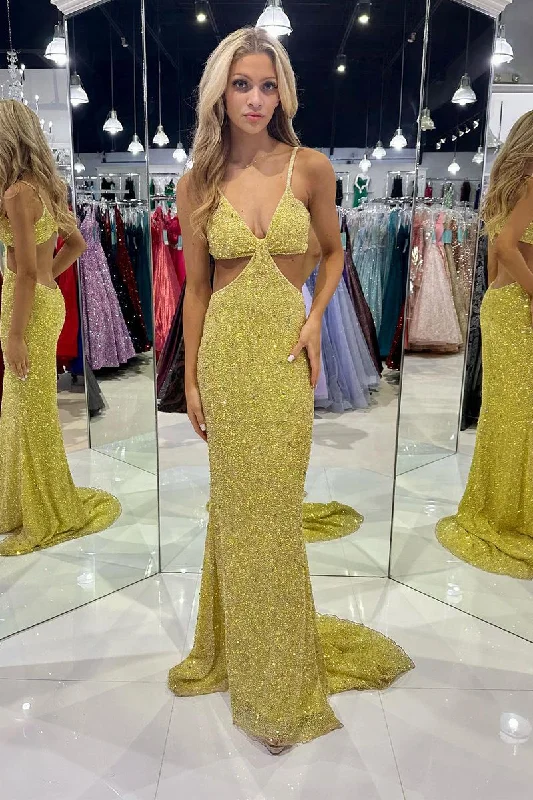 Seasonal Style Discounts Effortless Sophistication Roycebridal Terri | Mustard Green Sequins Deep V Neck Cutout Long Prom Dresses