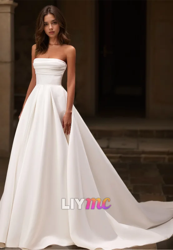 New Arrivals Buy More, Save More Straight Across Sleeveless Pleated Sleek A-Line Wedding Dress