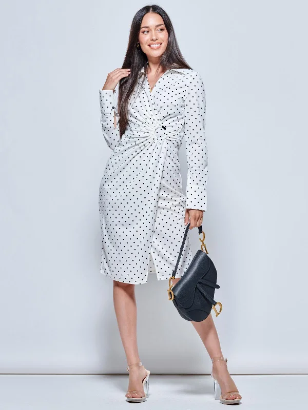 Contemporary Chic Promotions Effortless Comfort Wrap Front Buckle Detail Shirt Dress, White Polka Dot