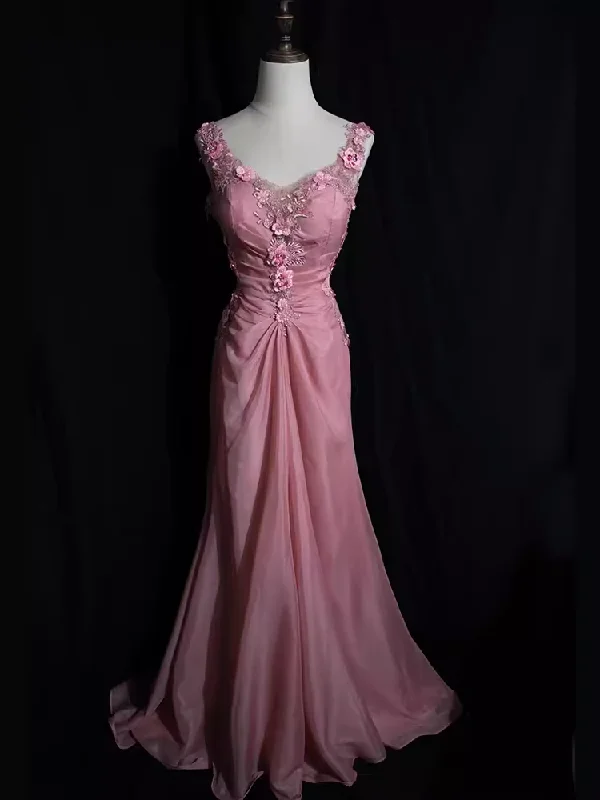 Casual Chic Romantic Date - Night Ensemble Vintage Mermaid V neckline Sleeveless Pink Long Prom Dresses C86