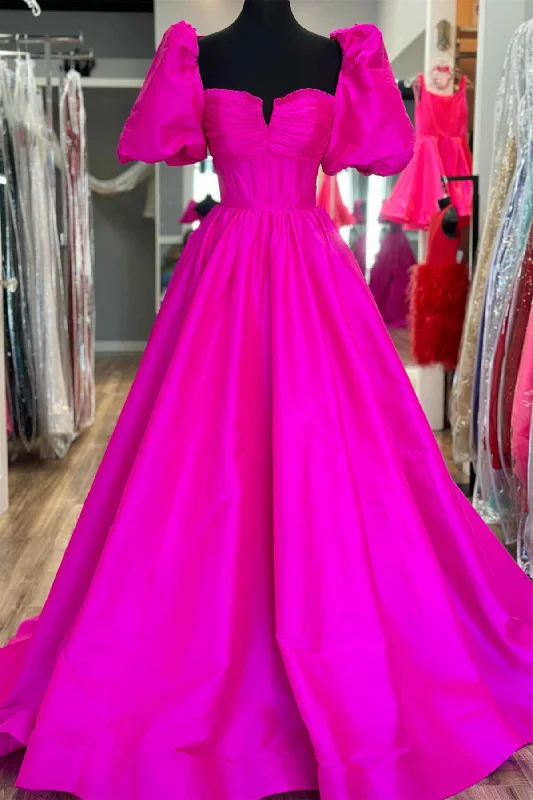 Contemporary Fashion Sale Feminine Soft - Hued Styles Roycebridal Lynette | Square Neck Fuchsia Puff Sleeves A-Line Prom Dress