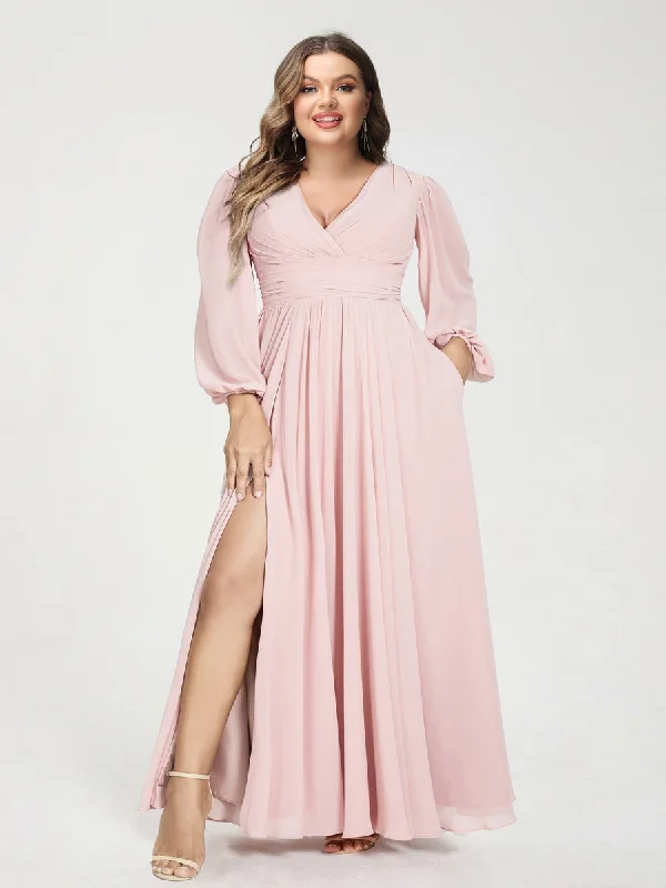 Sporty Fashion Offers Limited Quantities A-Line/Princess V-Neck Long Sleeves Split Side With Pockets Plus Size Bridesmaid Dresses