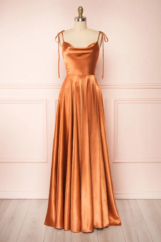 Mega Sales Limited - Stock Moira Rust | Cowl Neck Satin Maxi Dress w/ High Slit