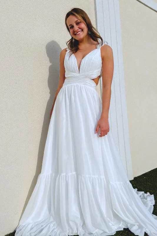 Fashion Essentials Mother's Day Special Roycebridal White Ruffle Straps Pleated Cut-Out Deep V Long Prom Dress