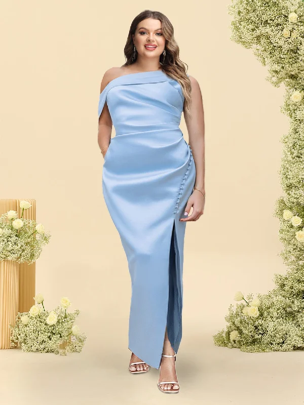 Spring Offer Beat the Heat in Tropical Styles Sheath/Column One-Shoulder Sleeveless Plus Size Bridesmaid Dresses With Split Side