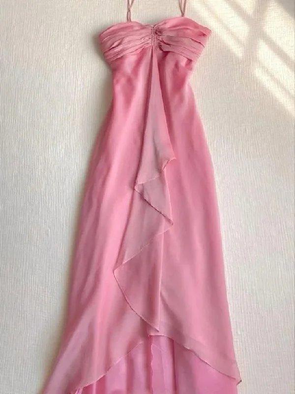 Seasonal Trends Playful Elegance Pretty A line Halter Sleeveless Pink Chiffon Prom Dresses Long Evening Dress C2928