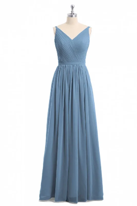 Best Deals Of The Season Vintage Elegance Simple Dusty Blue V-Neck Backless A-Line Long Bridesmaid Dress