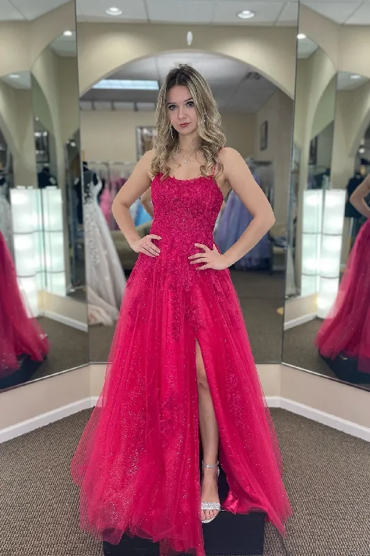 Flash Sale Starts Huge Savings on Parisian Styles Roycebridal Lindsey | Fuchsia A-line Tulle Scoop Neckline Applique Slit Long Prom Dress