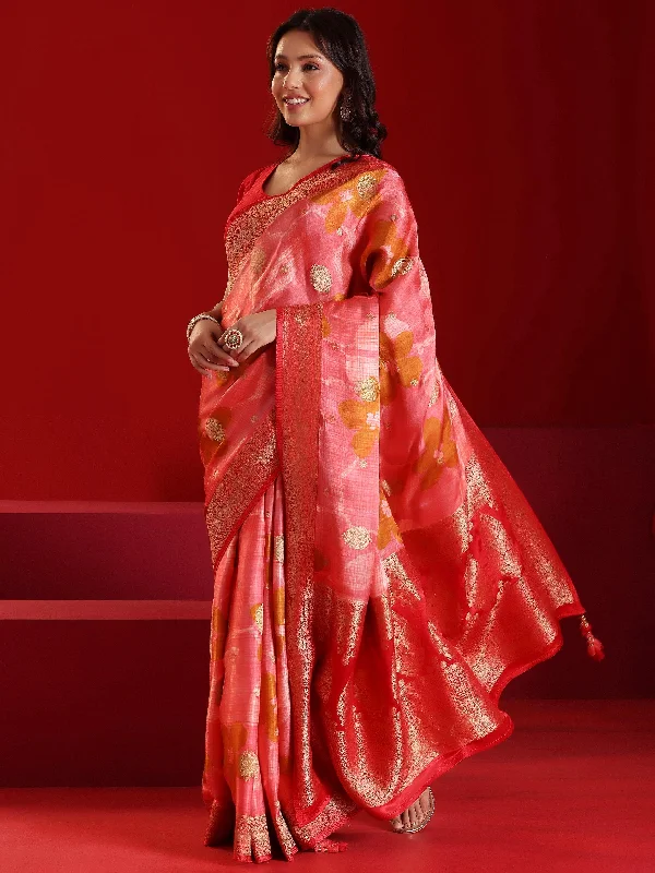 Unleash Your Style Rustic Countryside Charm Look Libas Art Peach Printed Satin Saree With Unstitched  Blouse Piece