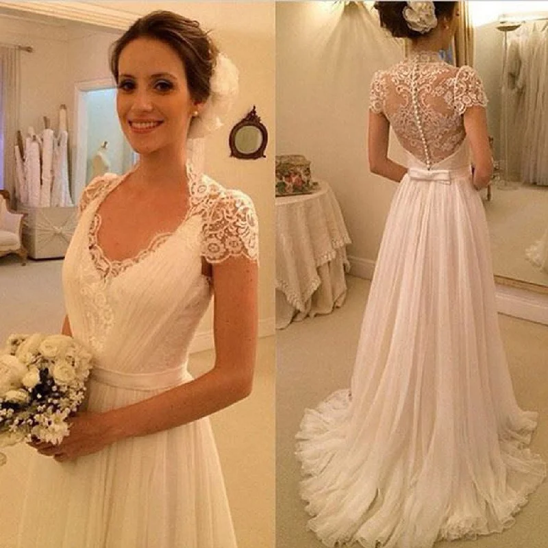 Exclusive Designer Style Deals Flash Deals Elegant Cap Sleeve See Through Lace Top Sheath Cheap Wedding Dresses, WD0137