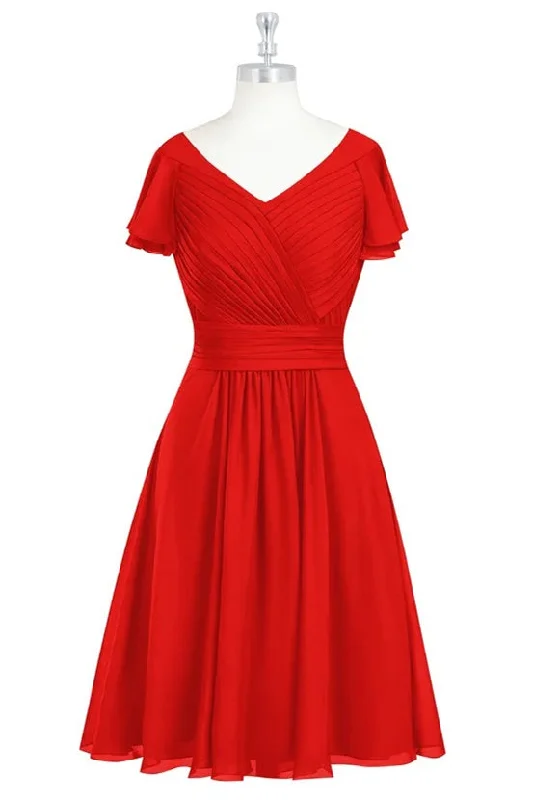 Imeless Style Great Deals on Ethnic Cultural Wear Red Chiffon V-Neck Ruffled A-Line Short Bridesmaid Dress