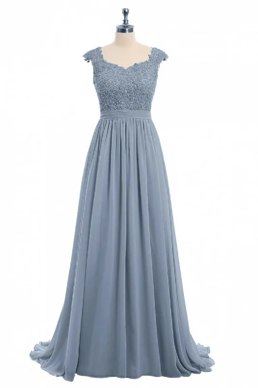 Shop The Hottest Deals Charming Silhouette Dusty Blue Lace Cap Sleeve A-Line Floor-Length Bridesmaid Dress