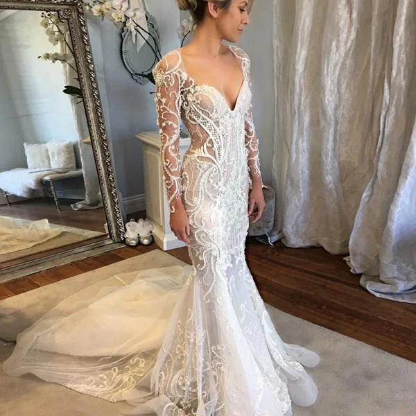 Sporty Fashion Offers Disco - Inspired Retro Dance Look Long Sleeves Mermaid V-Neck Court Train Lace Unique Design Newest Long Wedding Dresses, WD0161