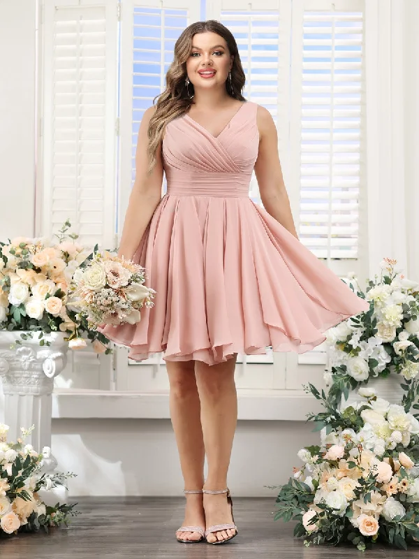 Fashion Forward Today Only A-Line V-Neck Sleeveless Ruched Chiffon Short Plus Size Bridesmaid Dresses