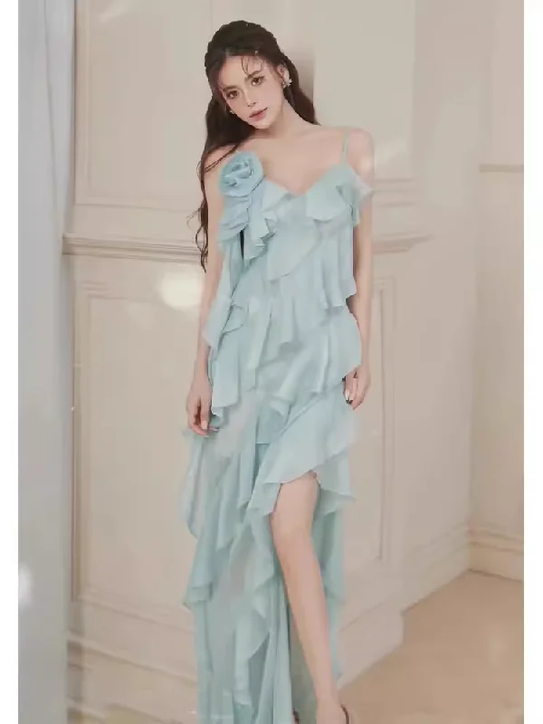 Elegant Fashion Offers Flash Sale Simple A Line Spaghetti Straps Sleeveless Slit Chiffon Prom Dress C970