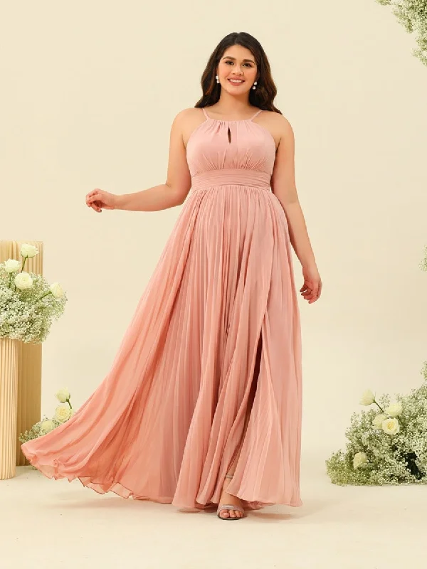 Insane Discount Onslaught Casual Elegance A-Line/Princess Halter Plus Size Long Bridesmaid Dresses with Split Side & Ruffles