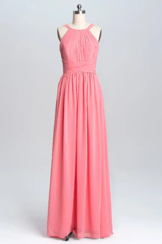 Street Style Discounts Last Chance Sale Coral Double Straps Pleated A-line Bridesmaid Dress