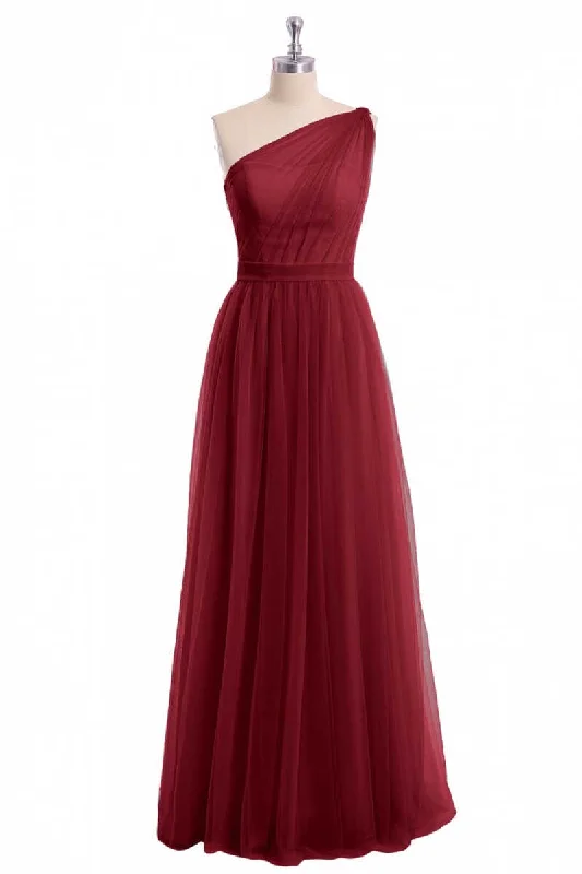 Don't Miss Out Romantic Detailing Wine Red Tulle One-Shoulder A-Line Bridesmaid Dress