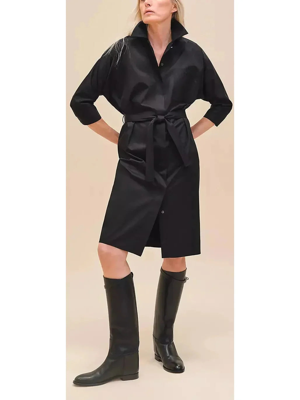 New Season Fashion Preview Sale Limited - Stock Belted Shirt Dress in Cotton Twill, Black