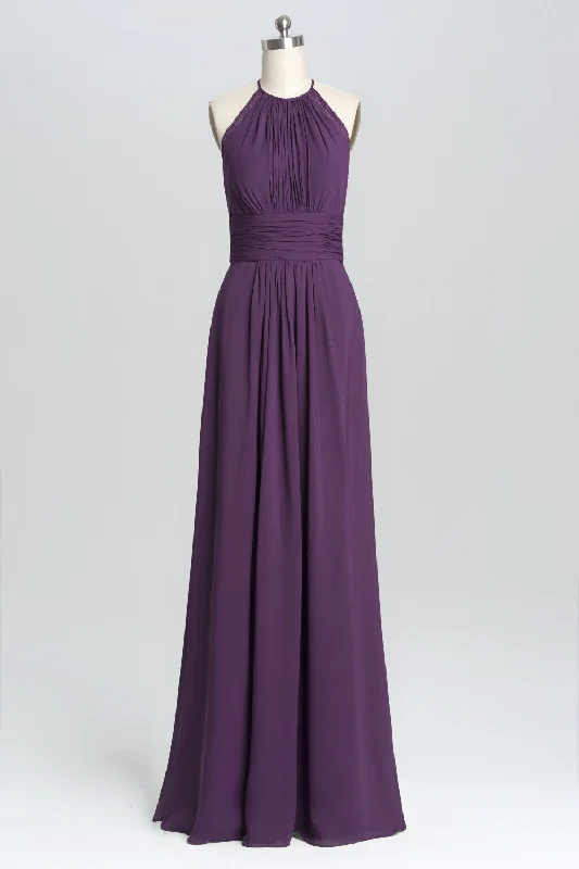 Modern Chic Discounts Save on Inspired Styles Purple Halter A-line Pleated Long Bridesmaid Dress