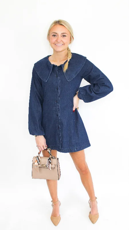 Discover Promotions Huge Savings on Parisian Styles "Know Me So Well" Long Sleeve Collared Denim Dress