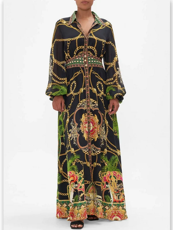 Limited Time Special Offer Tropical Island - Inspired Attire Long Printed Silk Shirt Dress with Fitted Waist