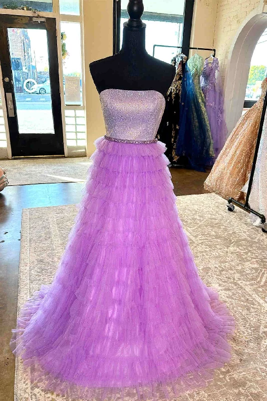 Limited Stock Charming Silhouette Roycebridal Yvonne | A-Line Strapless Lilac Layered Long Prom Dress with Rhinestones