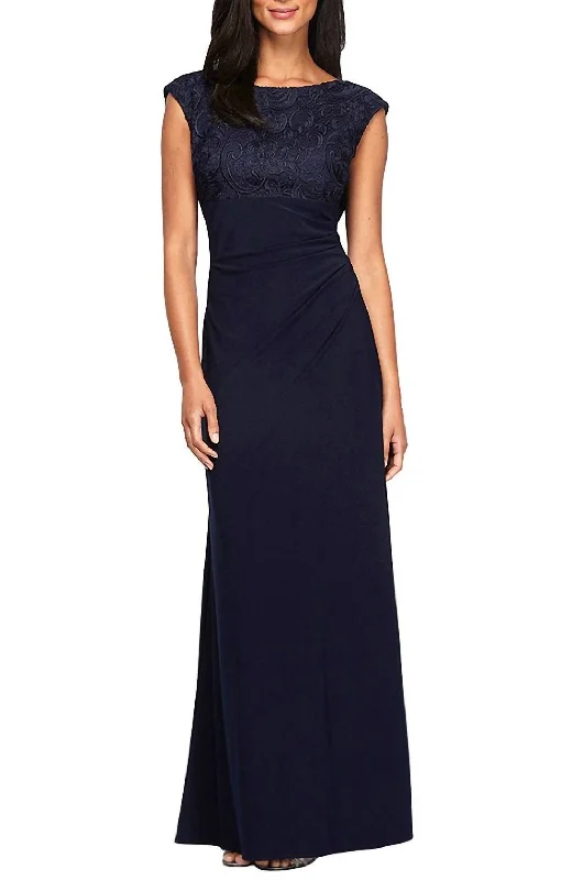 Fashion-Forward Offers Feminine Flow Long Empire Waist Lace And Jersey Gown In Navy