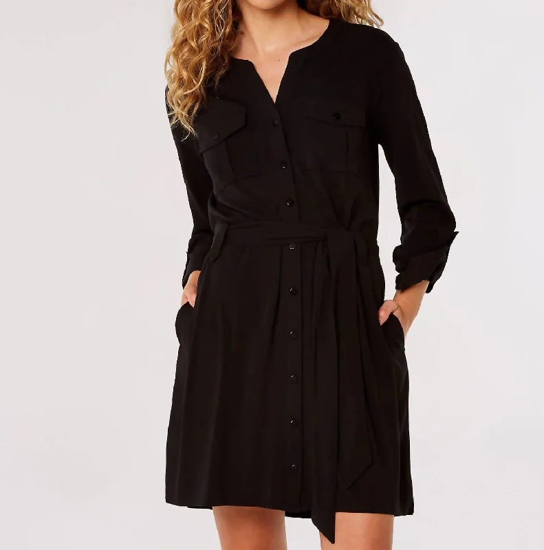 Stylish Looks Effortless Sophistication Long Sleeve Utility Dress In Black