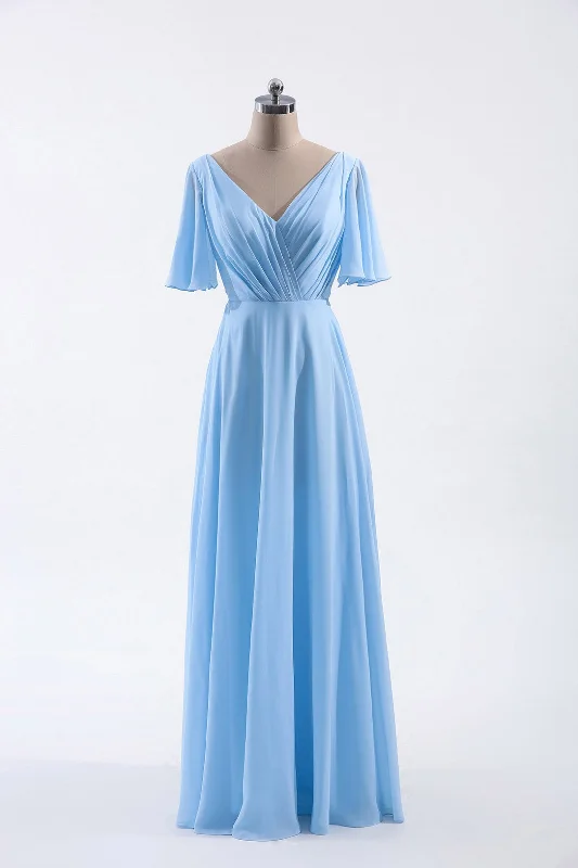 Vintage Style Deals Holiday Sale Flutter Sleeves Blue Chiffon A-line Long Bridesmaid Dress