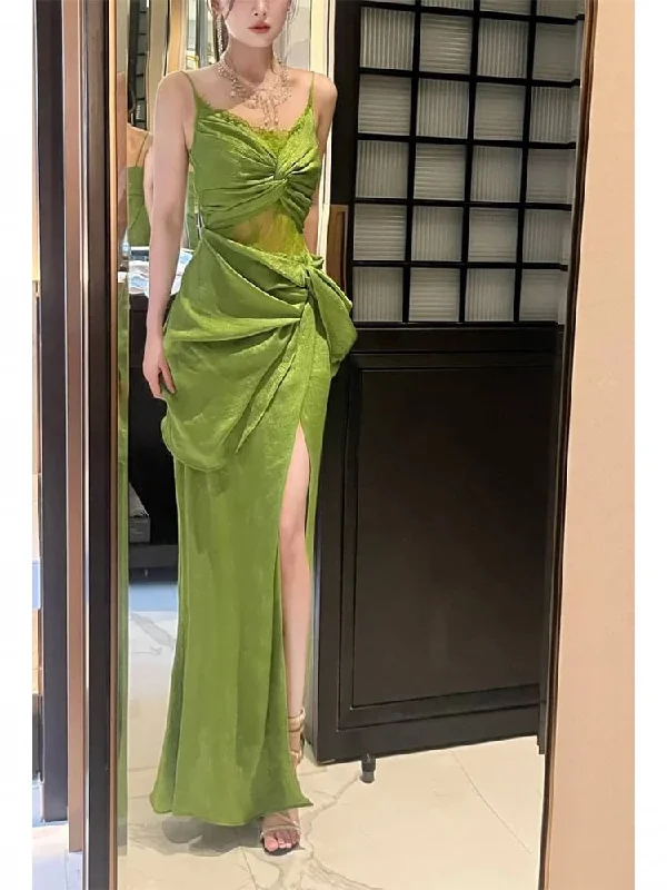 Catch Every Fashion Trend Mid - Week Surprise Vintage Sheath Spaghetti Straps Sleeveless Green Slit Prom Dresses Evening Dress C2426