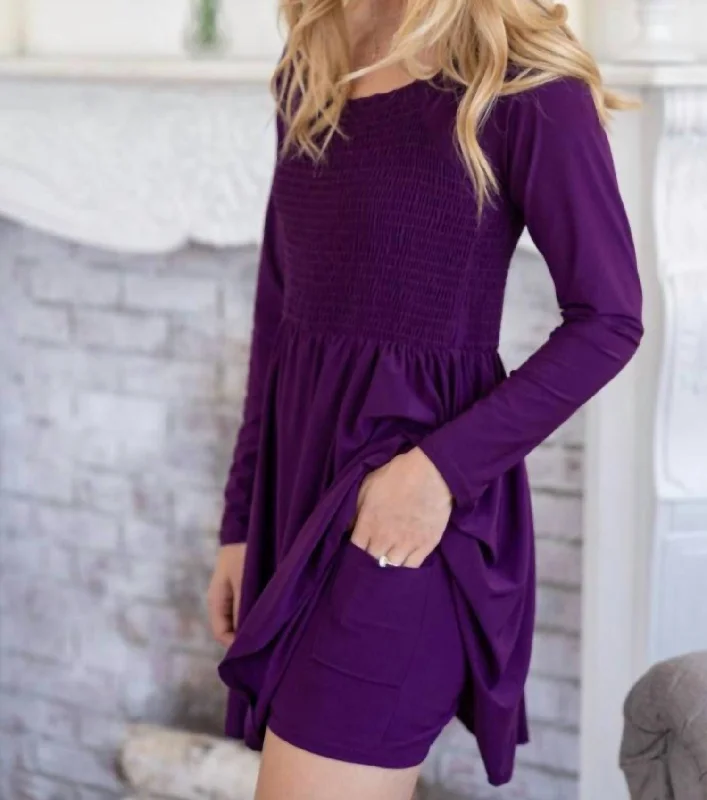 Fashionista Favorites Feminine Flow Smocked Bodice Long Sleeve Dress In Plum