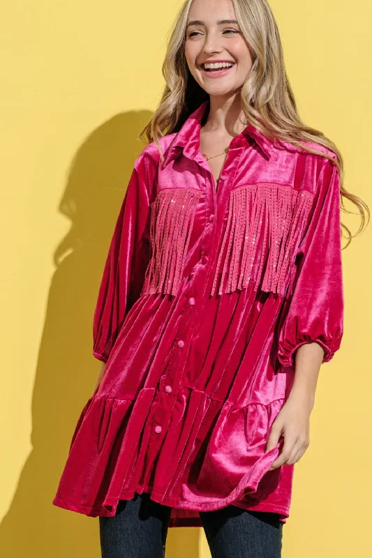 Flirty Fashion Discounts Elevated Style And The Why Fringe Detailed Velvet Shirt Dress