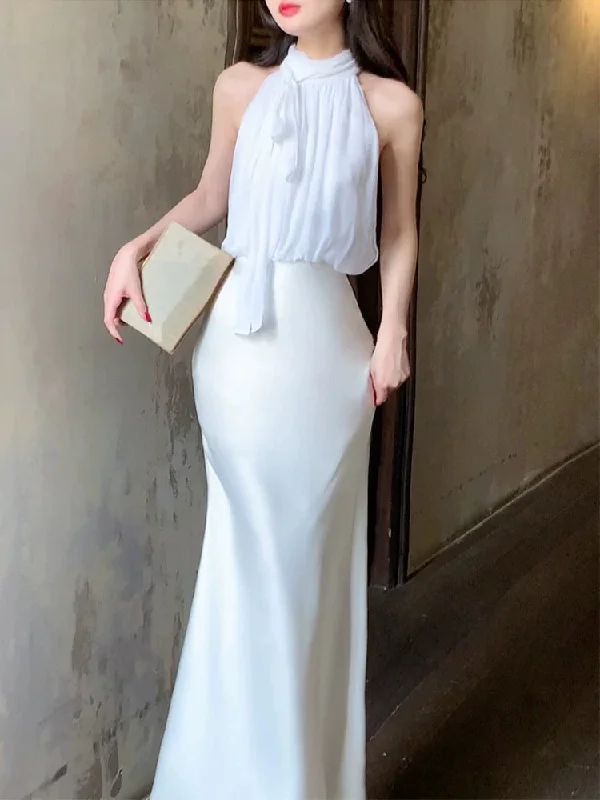 Timeless Style Promotions Limited - Stock Pretty Mermaid Halter Sleeveless White Chiffon Long Prom Dresses Evening Dress C2397