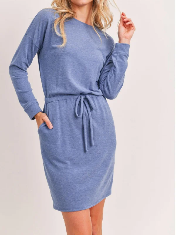 Hot Trends Nordic Minimalist Home Look Round Neck Long Sleeve Dress In Denim Blue