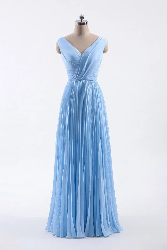 Must-Have Style Discounts Early Access to Art Deco Styles Sale Blue Pleated A-line Chiffon Long Bridesmaid Dress