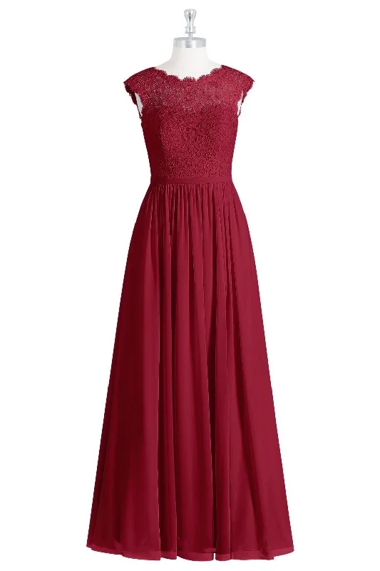 Boutique Styles Cottagecore Rustic Charm Style Red Lace Cap Sleeve A-Line Long Bridesmaid Dress