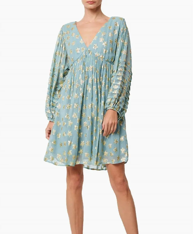 Final Sale Early Access to Art Deco Styles Sale Sallie Metallic Star Print Long Sleeve Minidress In Dusty Blue