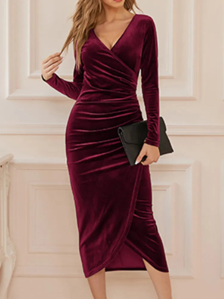 Statement Fashion Offers Effortless Comfort DressBetty - 2024 Sexy Velvet Split Ruched V-neck Midi Bodycon Dress