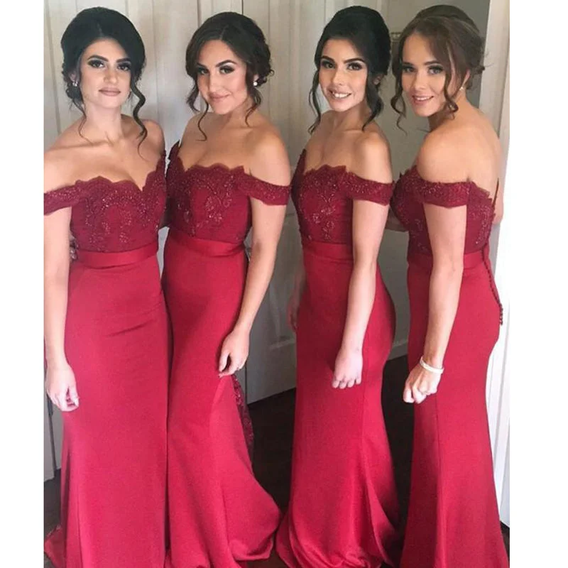 Clearance Event Holiday Sale Off the Shoulder Burgundy Red Mermaid Long Bridesmaid Dress Women Lace Evening Party Dress