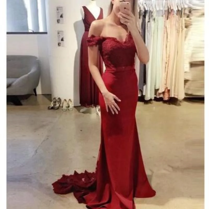 Cool Prices Lighten Up with Nordic Styles Elegant Off the Shoulder Burgundy Lace Mermaid Evening Dress Long women Bridesmaid gown with Train