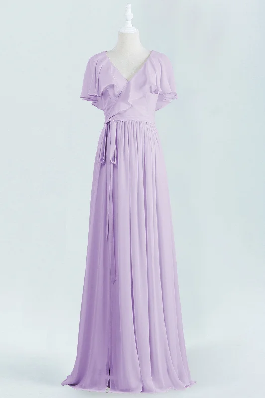 Luxury Casual Deals Summer Splash Sale Lavender Faux Wrap Ruffles Long Bridesmaid Dress