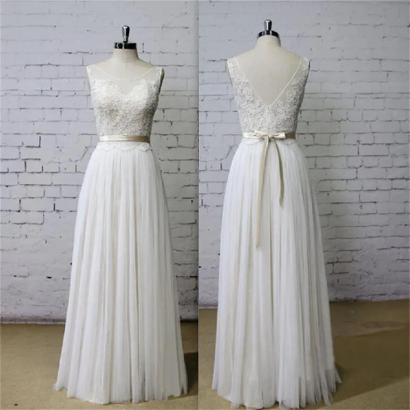 Latest Trends Soft Textures Long Aline Scoop V Back Lace Simple Pretty Beach Summer Tulle Wedding Dresses, WD0201