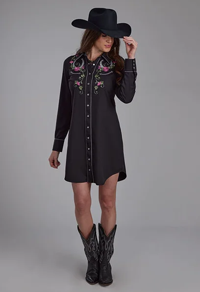 Romantic Fashion Discounts Huge Savings on Parisian Styles Roper Women's Black Retro Twill Embroidered Yoke Western Shirt Dress 0040-0763