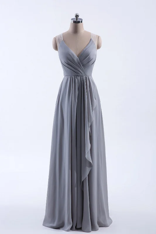 Edgy Fashion Deals Mid - Week Surprise Silve Chiffon A-line Ruffles Long Bridesmaid Dress