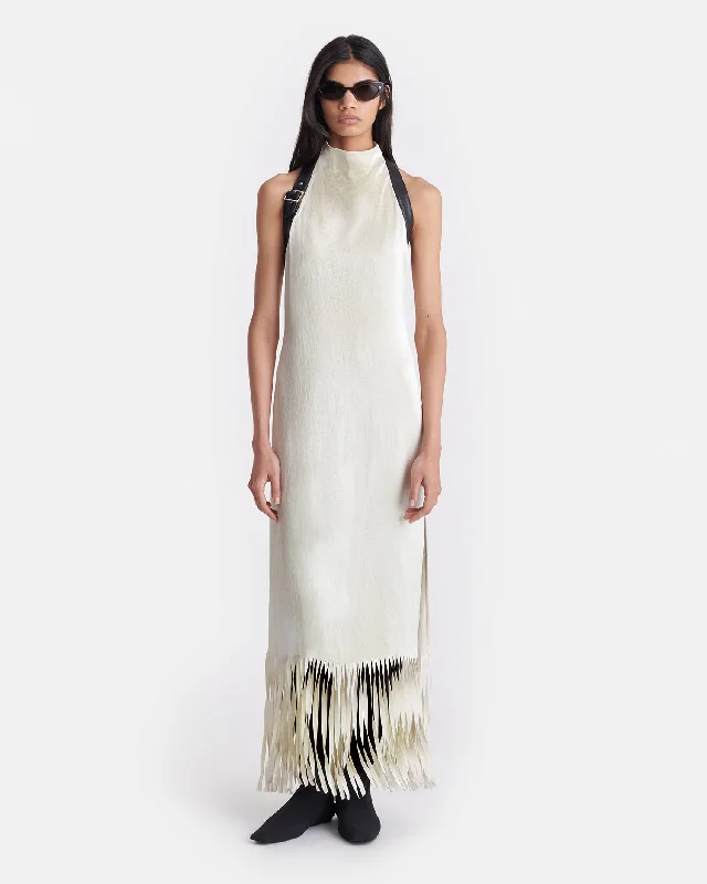 End Of Season Sale Limited Quantities Miruna - Fringed Crinkled Satin Midi Dress - Ecru