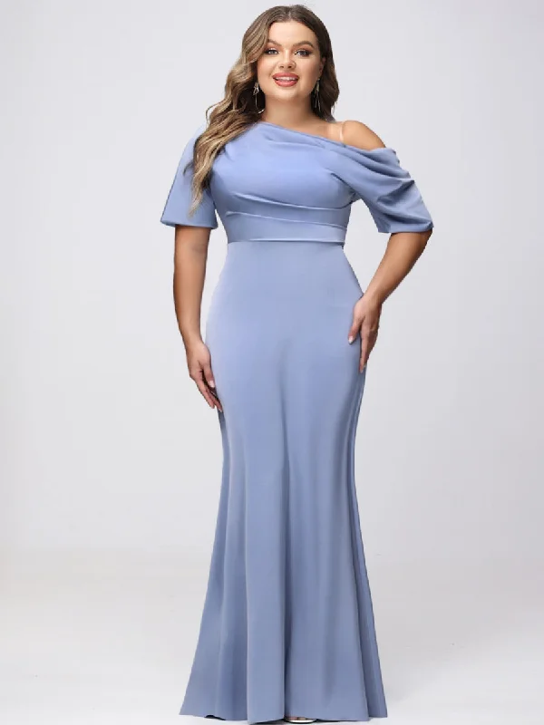 Feminine Style Promotions Artful Design Sheath/Column One-Shoulder Short Sleeves Satin Ruched Long Plus Size Bridesmaid Dresses