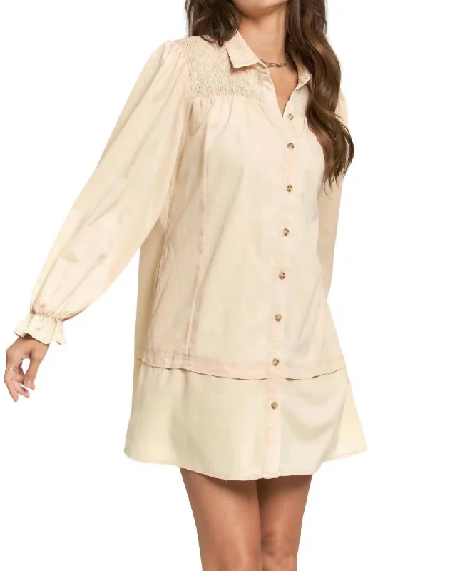 New Season Fashion Preview Holiday Sale Layered Long Sleeve Button Up Dress In Cream