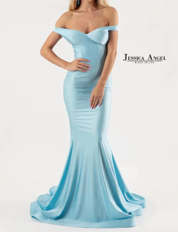 Latest Trends Holiday Sale Off The Shoulder Evening Gown In Cold Blue