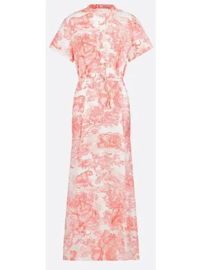 Fast Fashion Favorites Today Only Belted Toile de Jouy Sauvage Motif Shirt Dress in White and Coral